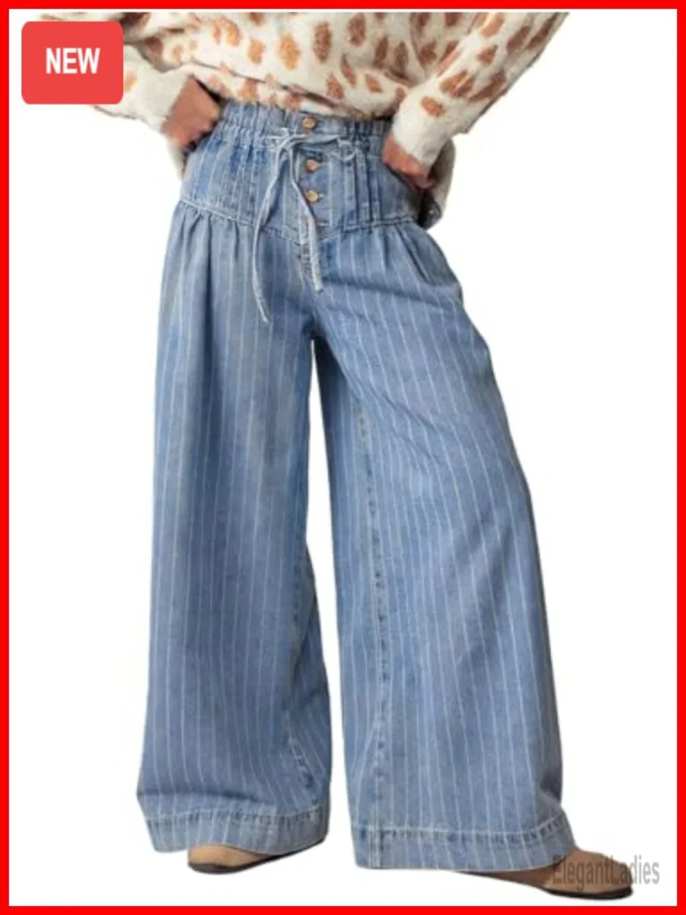 Baggy Wide Leg Denim Jeans with Drawstring Waist Ruffle Pleated Flare Pants